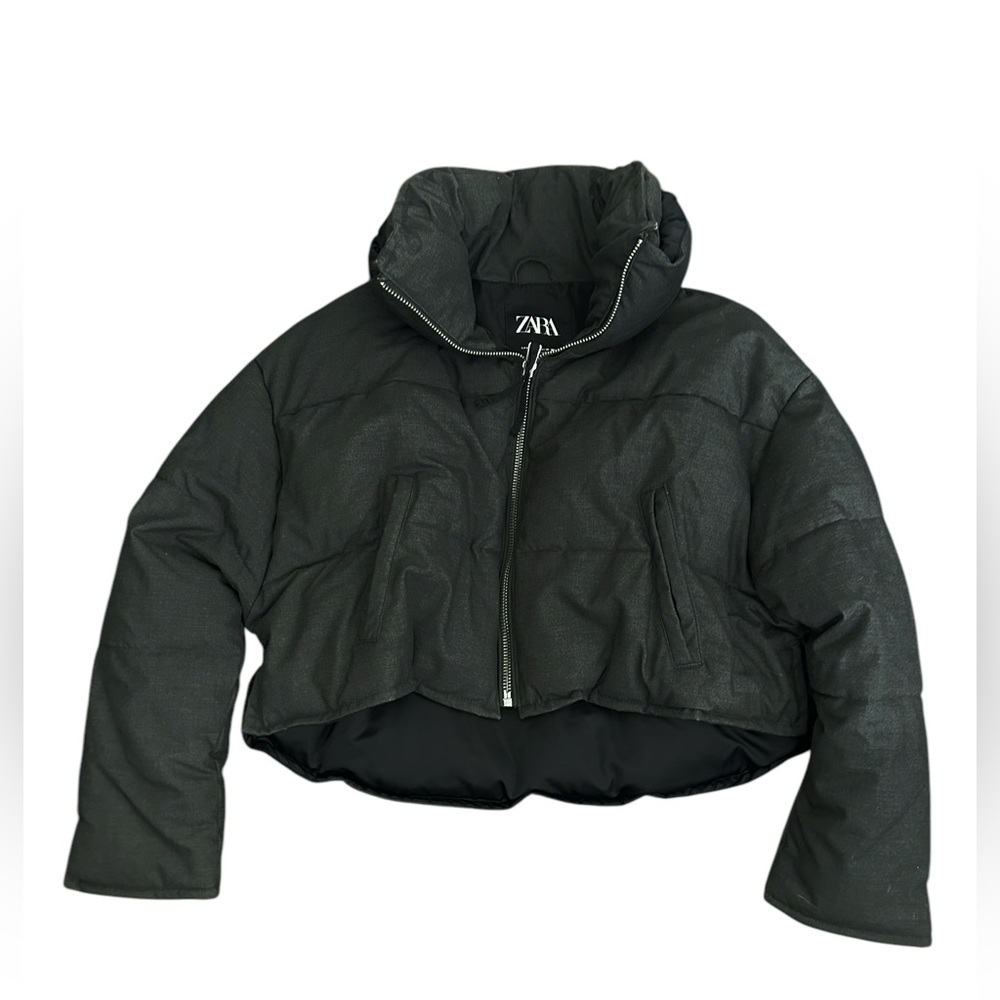 NEW Zara Contrasting High Neck Double Collar Puffer in Grey Size XS - Picture 14 of 16